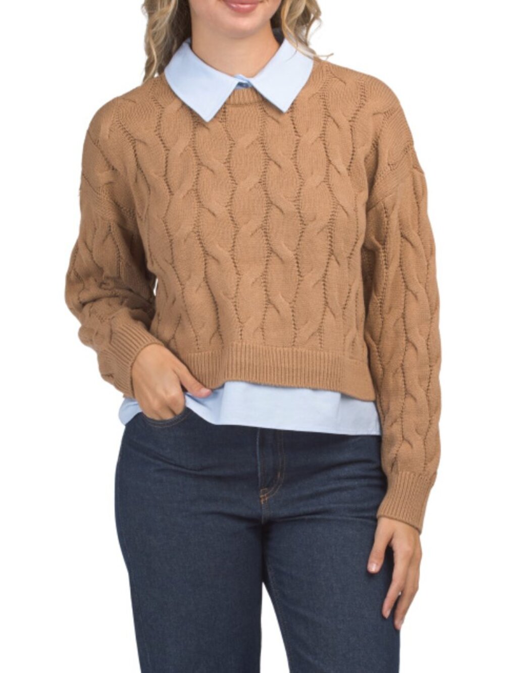FAMOUS BRAND Drop Shoulder Cable Knit Twofer Sweater